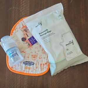 Motif Breastmilk Storage Bags, Philips Avent Bottle, Orange Bib, Balm Sample
